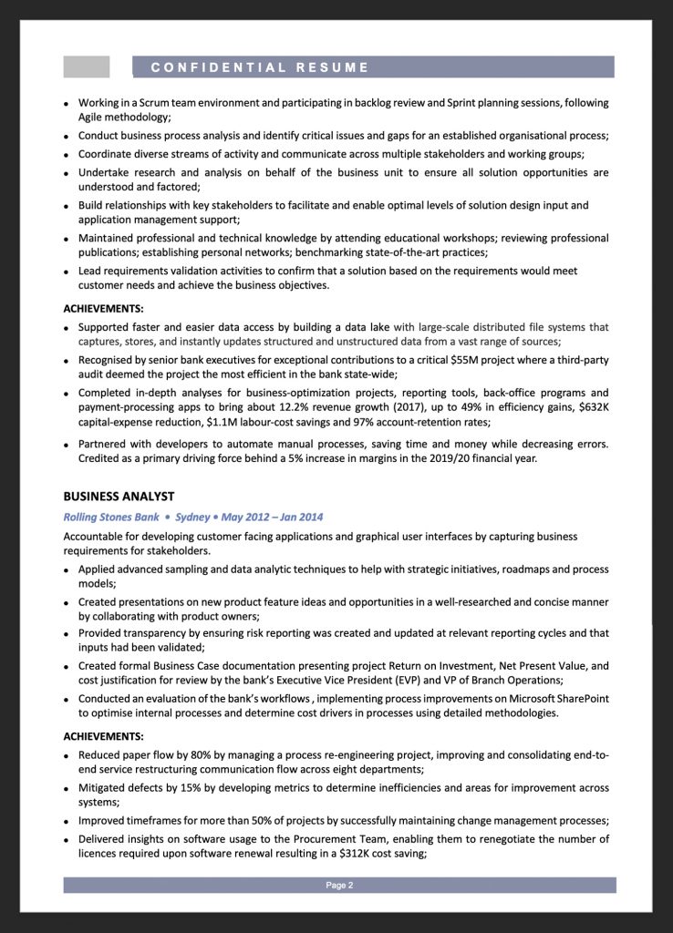 business analyst resume example australia